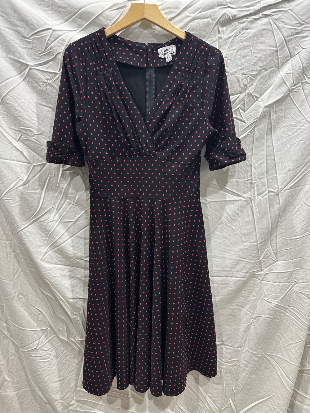 Unique Vintage Black Dress with Small Red Polka Dots - V-Neck